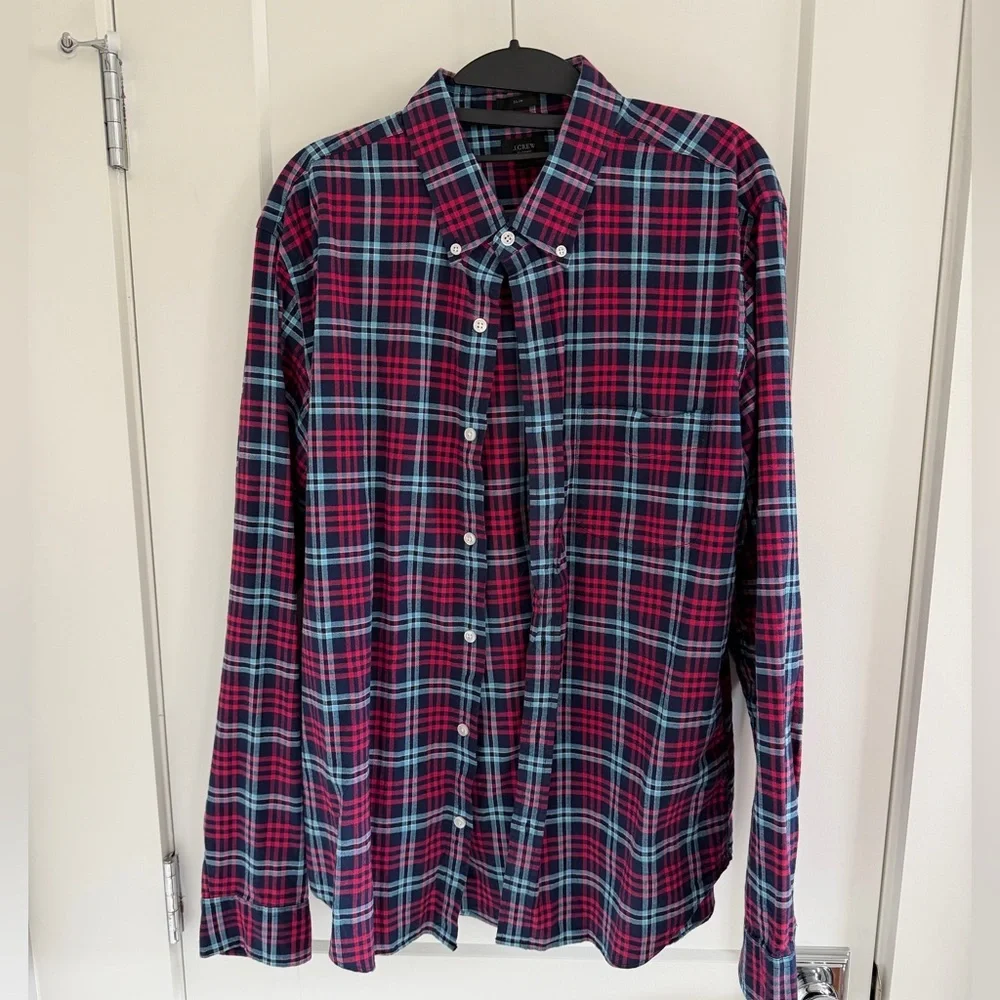 J.Crew Oxford Button-Down Plaid Shirt – Red/Navy/Teal – L
